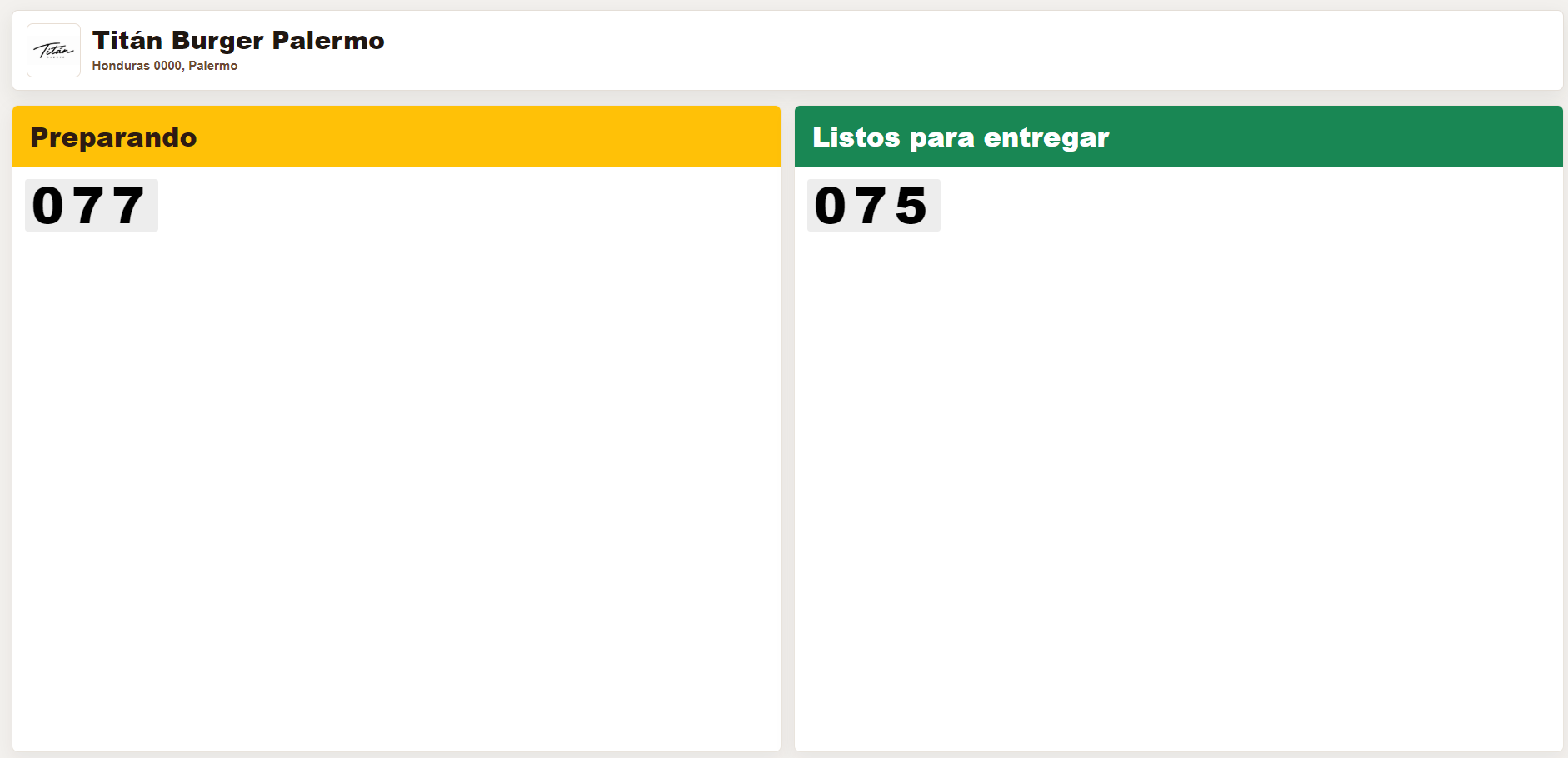 Pantalla de pedidos preparando y listos para retirar